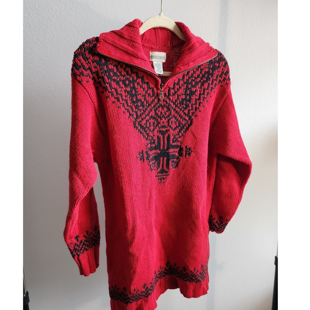 Prides Landing Womens M Red Black Fair Isle Half Zip Wool Blend Sweater Tunic